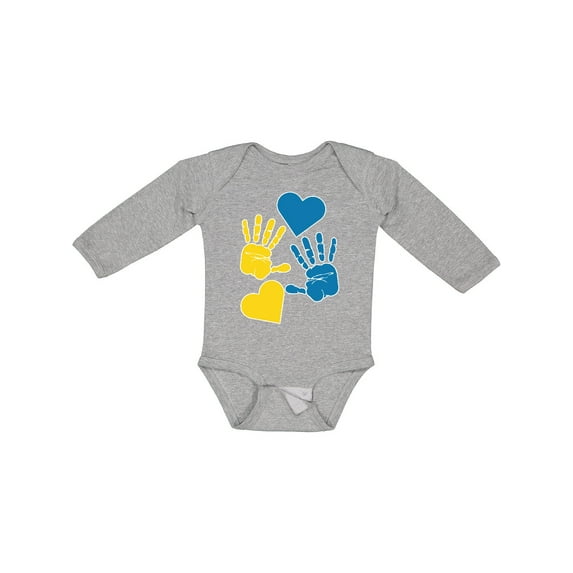 Inktastic Down Syndrome Awareness with Handprints and Hearts Blue and Yellow Boys or Girls Long Sleeve Baby Bodysuit