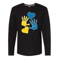 thumbnail image 1 of Inktastic Down Syndrome Awareness with Handprints and Hearts Blue and Yellow Long Sleeve T-Shirt, 1 of 5