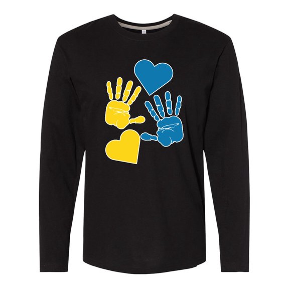 Inktastic Down Syndrome Awareness with Handprints and Hearts Blue and Yellow Long Sleeve T-Shirt