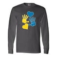 thumbnail image 1 of Inktastic Down Syndrome Awareness with Handprints and Hearts Blue and Yellow Long Sleeve T-Shirt, 1 of 5