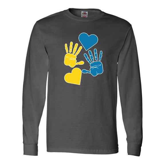 Inktastic Down Syndrome Awareness with Handprints and Hearts Blue and Yellow Long Sleeve T-Shirt
