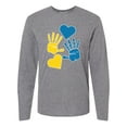 thumbnail image 1 of Inktastic Down Syndrome Awareness with Handprints and Hearts Blue and Yellow Long Sleeve T-Shirt, 1 of 5