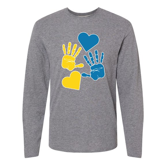 Inktastic Down Syndrome Awareness with Handprints and Hearts Blue and Yellow Long Sleeve T-Shirt