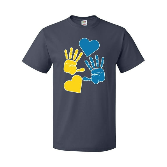 Inktastic Down Syndrome Awareness with Handprints and Hearts Blue and Yellow T-Shirt