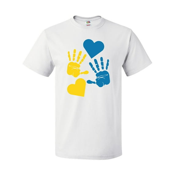 Inktastic Down Syndrome Awareness with Handprints and Hearts Blue and Yellow T-Shirt