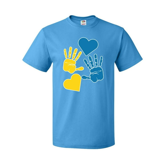 Inktastic Down Syndrome Awareness with Handprints and Hearts Blue and Yellow T-Shirt