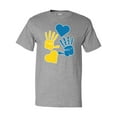 thumbnail image 1 of Inktastic Down Syndrome Awareness with Handprints and Hearts Blue and Yellow T-Shirt, 1 of 5