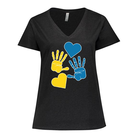 Inktastic Down Syndrome Awareness with Handprints and Hearts Blue and Yellow Women's Plus Size V-Neck T-Shirt