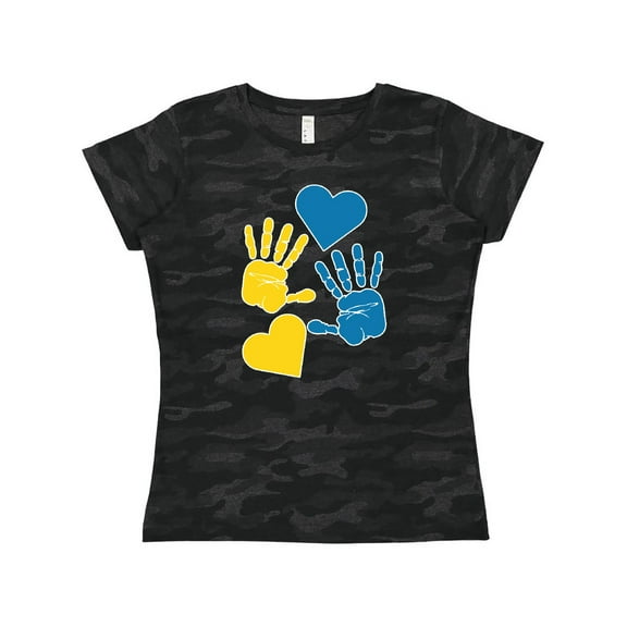 Inktastic Down Syndrome Awareness with Handprints and Hearts Blue and Yellow Women's T-Shirt