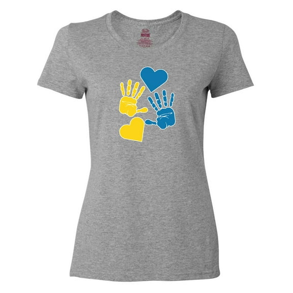 Inktastic Down Syndrome Awareness with Handprints and Hearts Blue and Yellow Women's T-Shirt