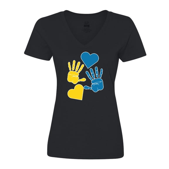 Inktastic Down Syndrome Awareness with Handprints and Hearts Blue and Yellow Women's V-Neck T-Shirt