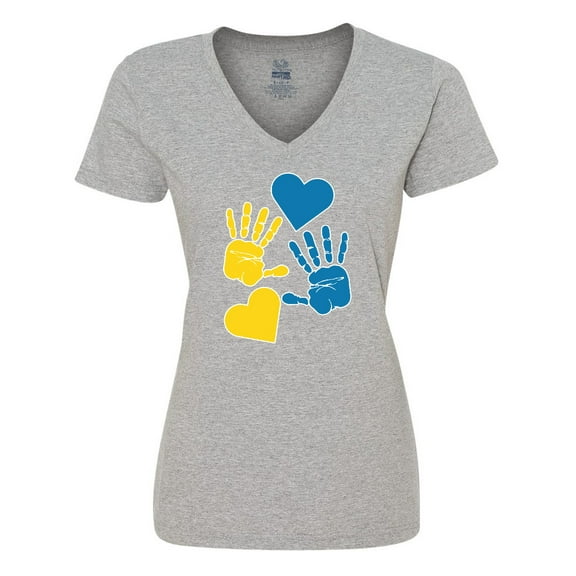 Inktastic Down Syndrome Awareness with Handprints and Hearts Blue and Yellow Women's V-Neck T-Shirt