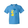 thumbnail image 1 of Inktastic Down Syndrome Awareness with Handprints and Hearts Blue and Yellow Youth T-Shirt, 1 of 5