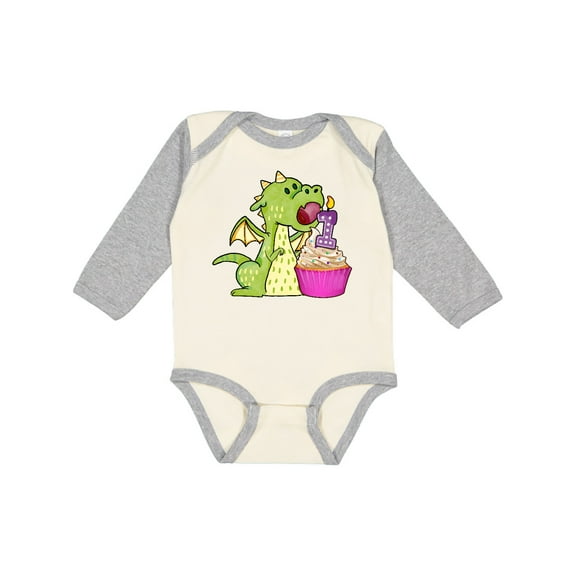Inktastic Dragon Cupcake 1st Birthday Boys or Girls Long Sleeve Baby Bodysuit