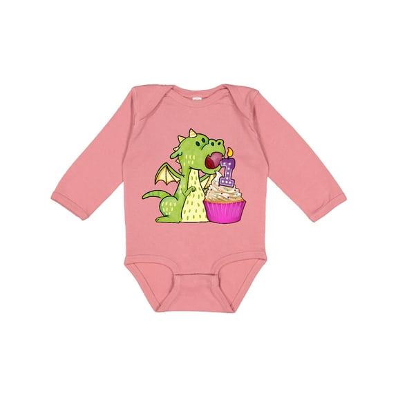 Inktastic Dragon Cupcake 1st Birthday Boys or Girls Long Sleeve Baby Bodysuit
