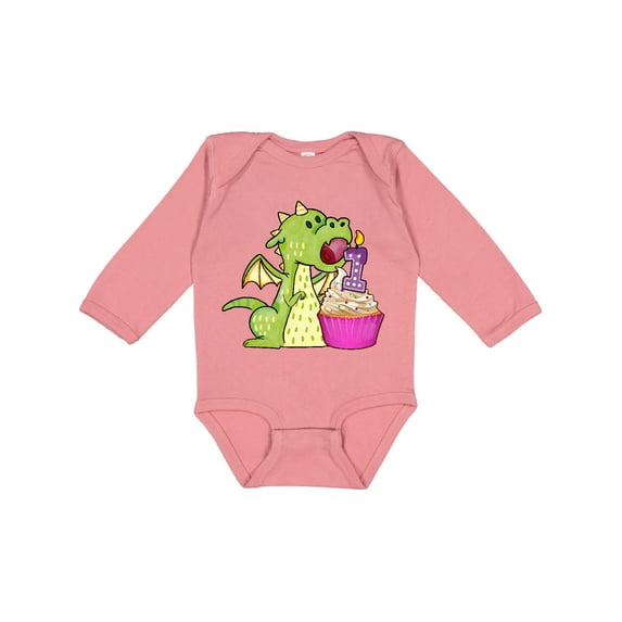 Inktastic Dragon Cupcake 1st Birthday Boys or Girls Long Sleeve Baby Bodysuit