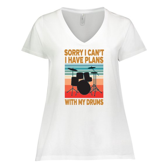 Inktastic Drummer Funny Retro Plans With My Drums Women's Plus Size V-Neck T-Shirt