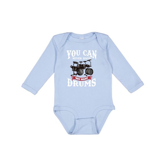 Inktastic Drummer Funny Too Many Drums Music Joke Boys or Girls Long Sleeve Baby Bodysuit