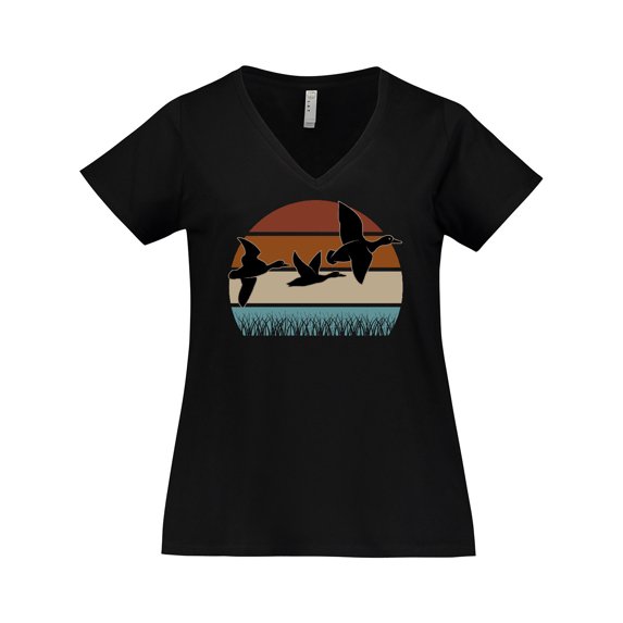 Inktastic Duck Hunting Retro Sunset Hunter Gift Women's Plus Size V-Neck T-Shirt