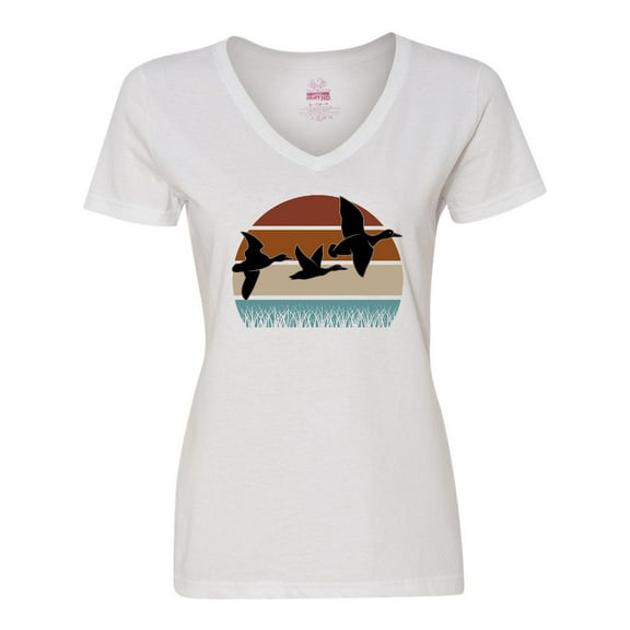 Inktastic Duck Hunting Retro Sunset Hunter Gift Women's V-Neck T-Shirt