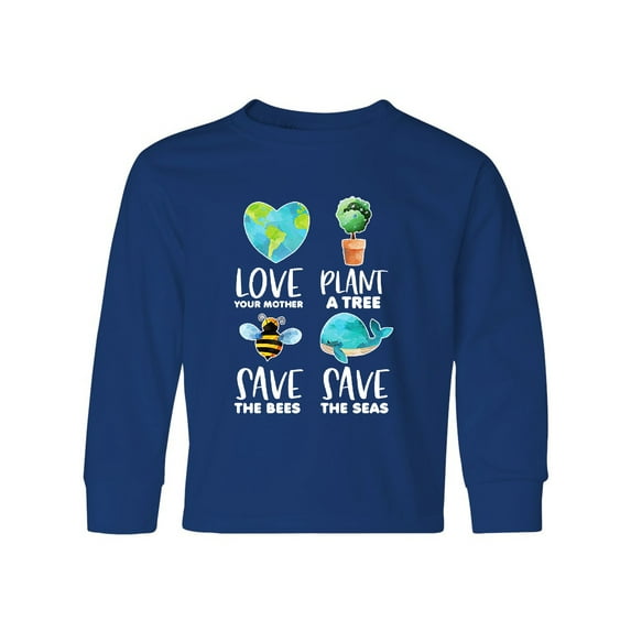 Inktastic Earth Day Plant a Tree Save the Bees Save the Seas Love Your Mother Earth Long Sleeve Youth T-Shirt