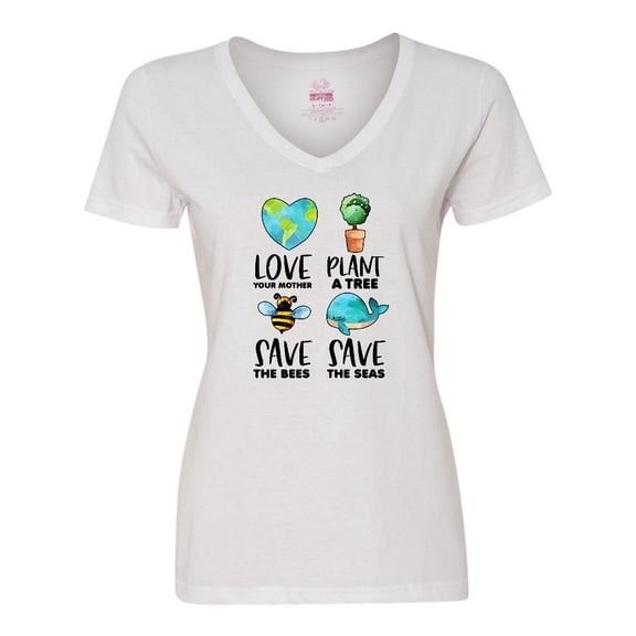 Inktastic Earth Day Plant a Tree Save the Bees Save the Seas Love Your Mother Earth Women's V-Neck T-Shirt