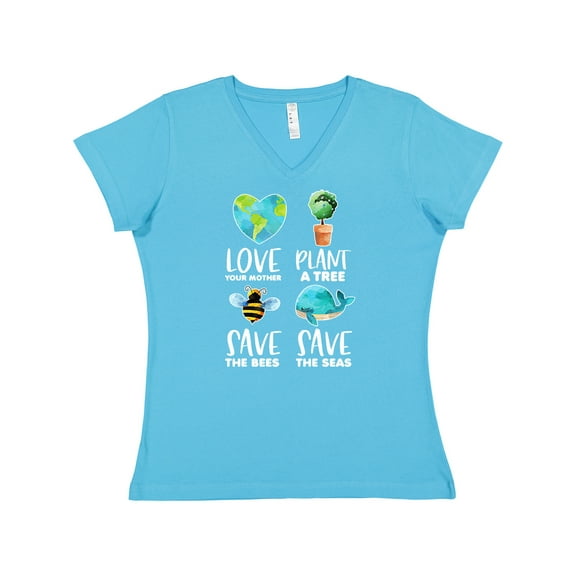 Inktastic Earth Day Plant a Tree Save the Bees Save the Seas Love Your Mother Earth Women's V-Neck T-Shirt