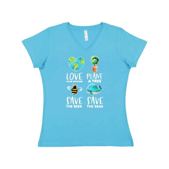 Inktastic Earth Day Plant a Tree Save the Bees Save the Seas Love Your Mother Earth Women's V-Neck T-Shirt