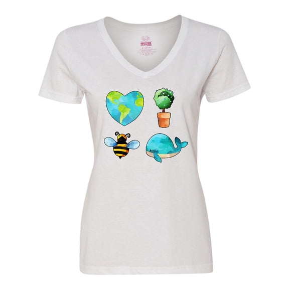 Inktastic Earth Day Plant a Tree Save the Bees Save the Seas Love Your Mother Women's V-Neck T-Shirt