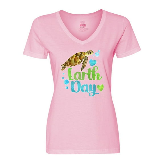Inktastic Earth Day Sea Turtle and Hearts Women's V-Neck T-Shirt