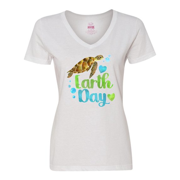 Inktastic Earth Day Sea Turtle and Hearts Women's V-Neck T-Shirt