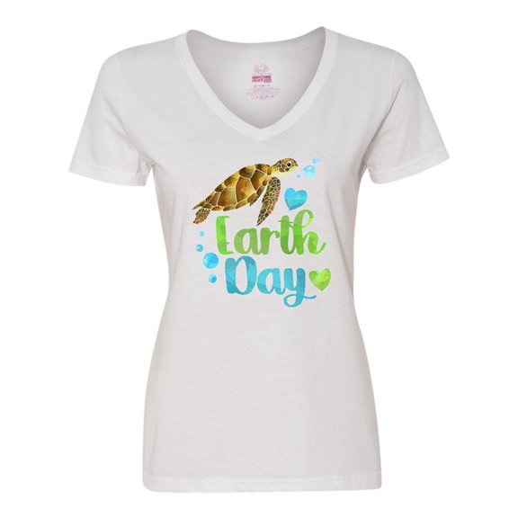 Inktastic Earth Day Sea Turtle and Hearts Women's V-Neck T-Shirt