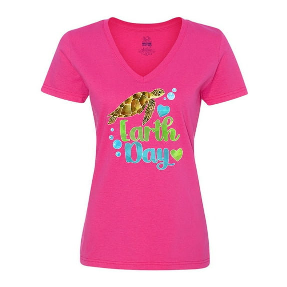 Inktastic Earth Day Sea Turtle and Hearts Women's V-Neck T-Shirt