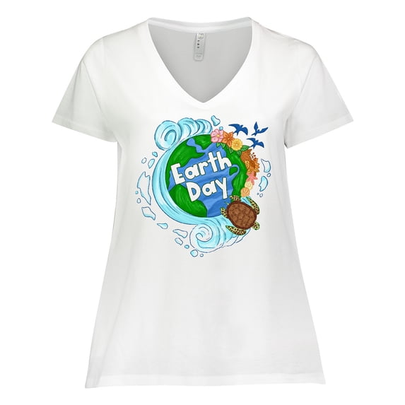 Inktastic Earth Day Turtle Planet with Waves and Birds Women's Plus Size V-Neck T-Shirt