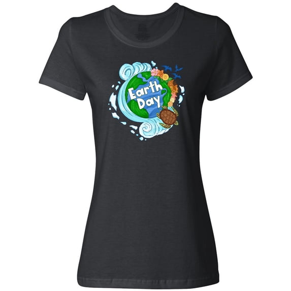 Inktastic Earth Day Turtle Planet with Waves and Birds Women's T-Shirt