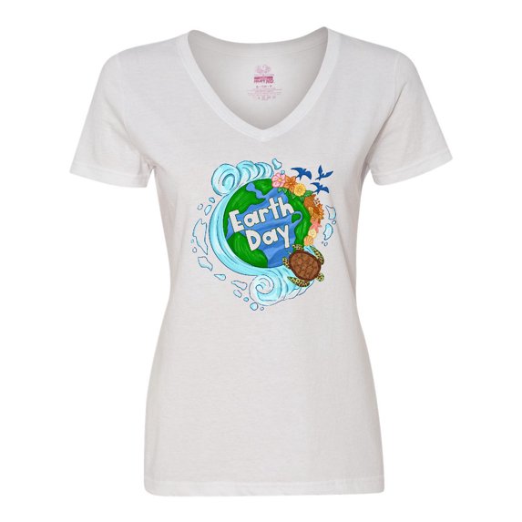 Inktastic Earth Day Turtle Planet with Waves and Birds Women's V-Neck T-Shirt