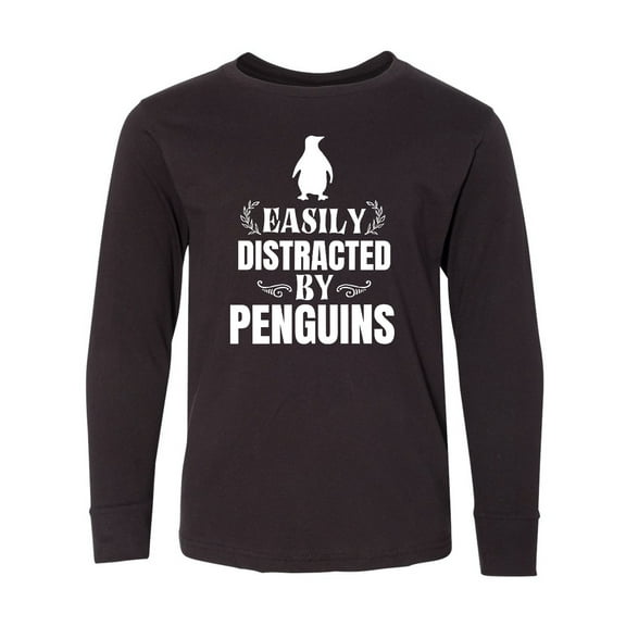 Inktastic Easily Distracted by Penguins Long Sleeve Youth T-Shirt