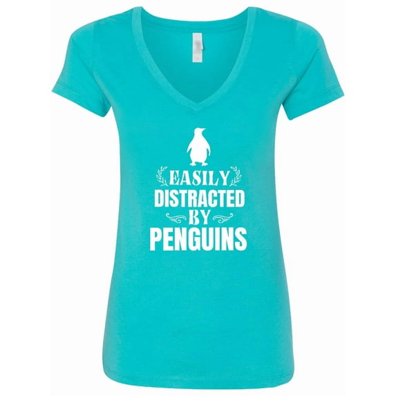 Inktastic Easily Distracted by Penguins Women's V-Neck T-Shirt