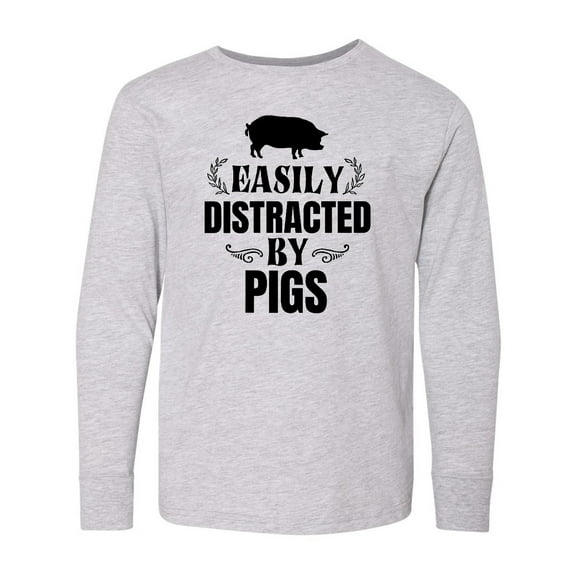 Inktastic Easily Distracted by Pigs Long Sleeve Youth T-Shirt