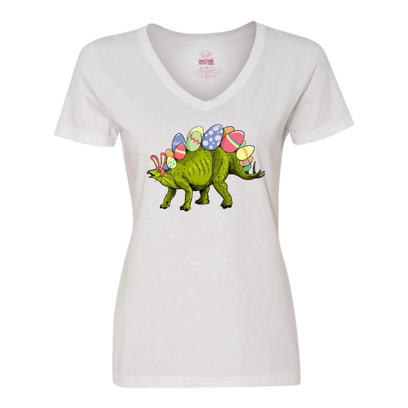 Inktastic Easter Bunny Stegosaurus with Eggs and Pink Ears Women's V-Neck T-Shirt