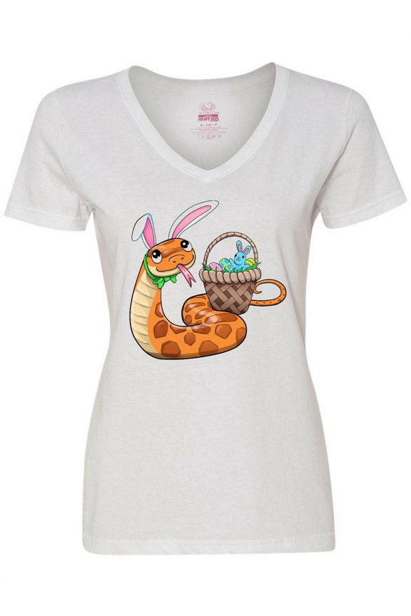 Easter Cute Snake with Basket and Bunny Ears Women's V-Neck T-Shirt