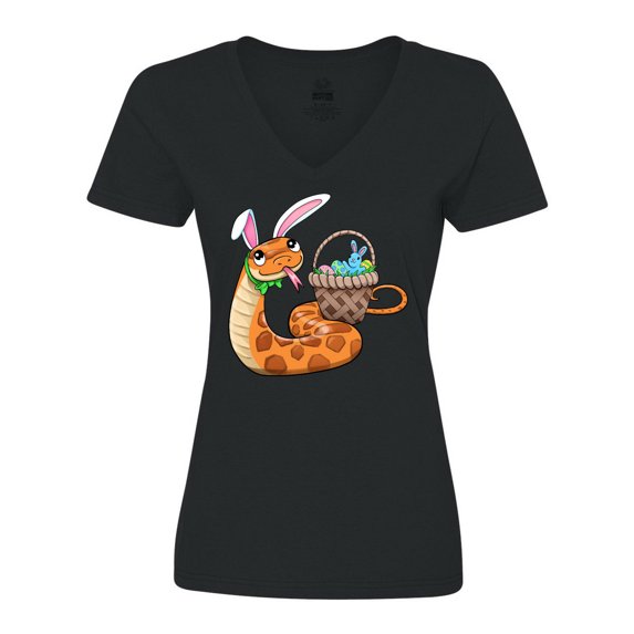 Inktastic Easter Cute Snake with Basket and Bunny Ears Women's V-Neck T-Shirt