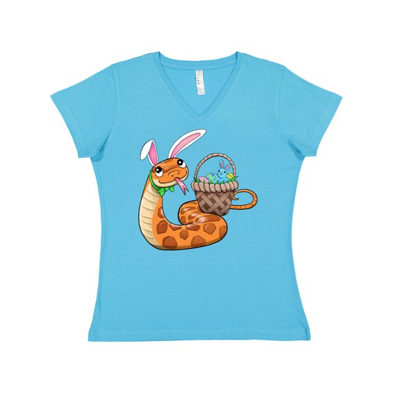 Inktastic Easter Cute Snake with Basket and Bunny Ears Women's V-Neck T-Shirt