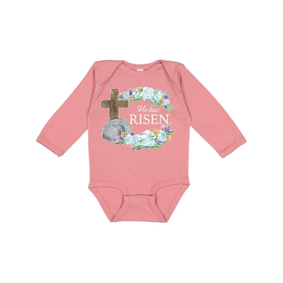 Inktastic Easter He Has Risen with Cross and Flowers Boys or Girls Long Sleeve Baby Bodysuit