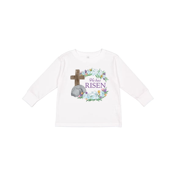 Inktastic Easter He Has Risen with Cross and Flowers Boys or Girls Long Sleeve Toddler T-Shirt