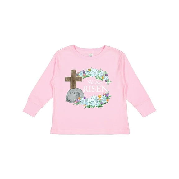 Inktastic Easter He Has Risen with Cross and Flowers Boys or Girls Long Sleeve Toddler T-Shirt