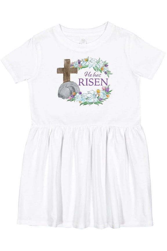 Easter He Has Risen with Cross and Flowers Girls Toddler Dress
