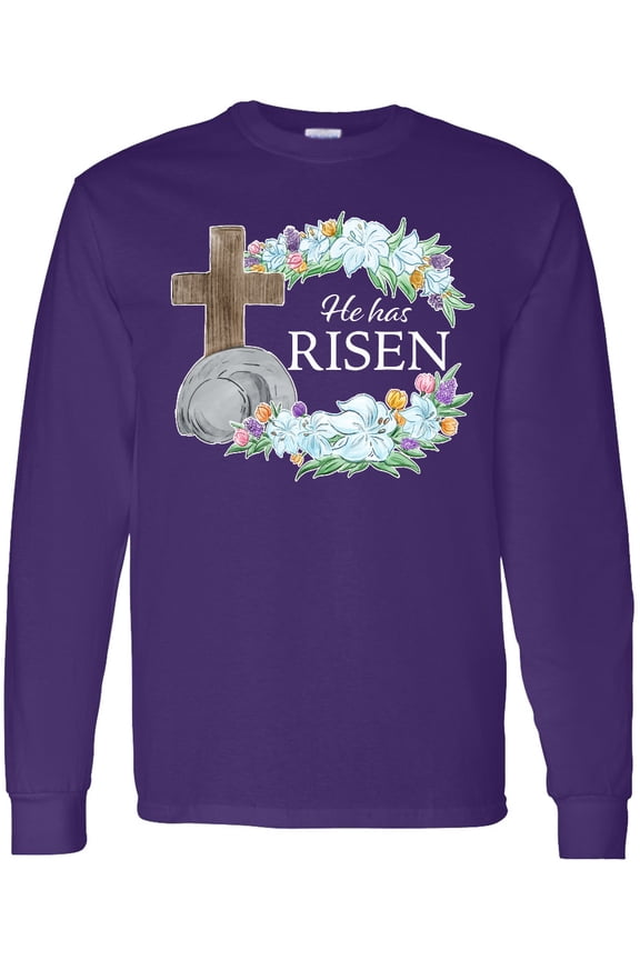 Easter He Has Risen with Cross and Flowers Long Sleeve T-Shirt