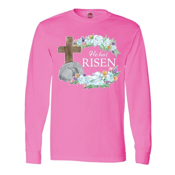 Inktastic Easter He Has Risen with Cross and Flowers Long Sleeve T-Shirt