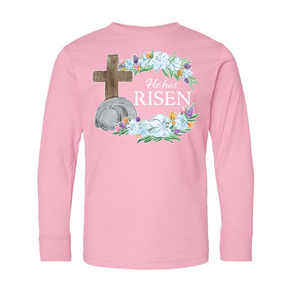 Inktastic Easter He Has Risen with Cross and Flowers Long Sleeve Youth T-Shirt
